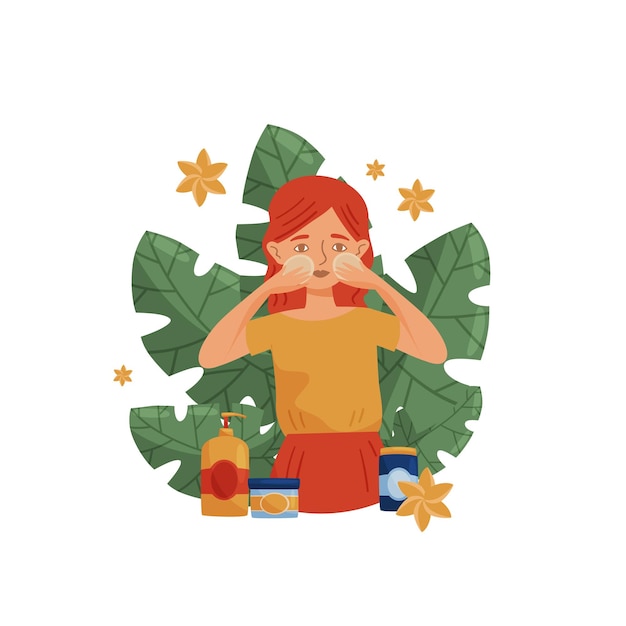Chica con loción facial sobre fondo blanco concepto cosmético orgánico publicidad cosmética natural para la cara vector ilustración plana