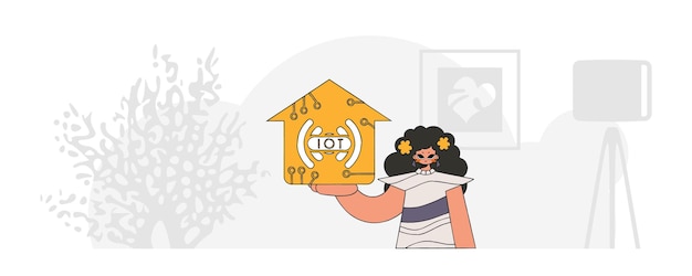 Chica con el logo de Internet de las cosas, sentada en el suelo en un vector de caracteres de estilo moderno.