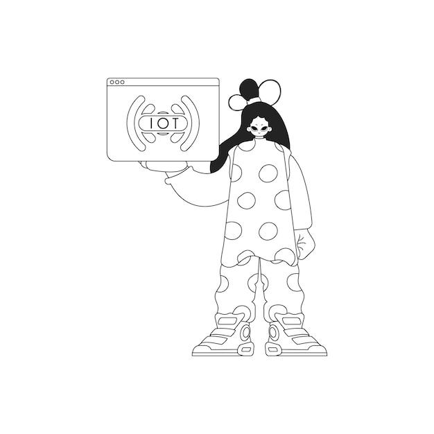 Chica con logotipo de IoT delineado dibujo vectorial