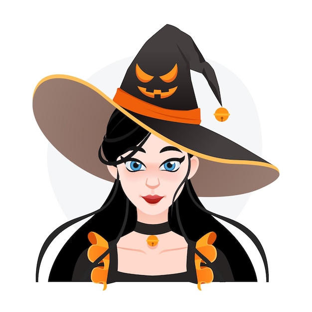 Chica maga asiática de halloween con sombrero grande con cara enojada Avatar de bruja bastante divertido para juegos y publicidad