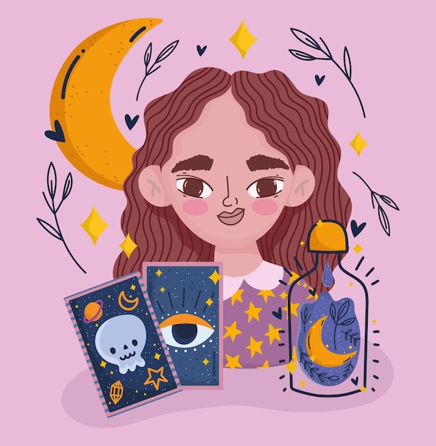 Chica mágica con dibujos animados de adivino místico carta de tarot