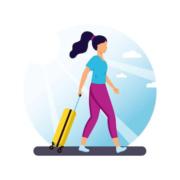 Una chica con una maleta se va de vacaciones. un turista con una bolsa de viaje. ilustración de vector de estilo plano.