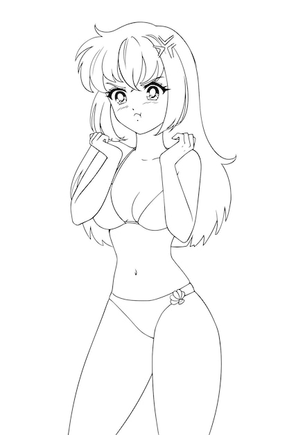Vector una chica de manga de anime enojada con traje de baño con manos de pata lindas aisladas sobre un fondo blanco