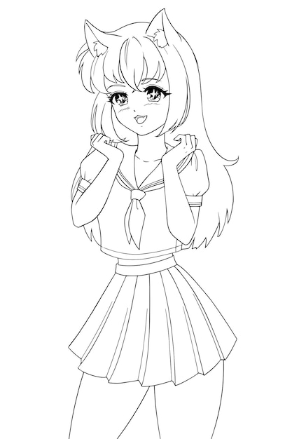 Chica manga de anime sonriente con orejas de gato vistiendo uniforme escolar con lindas manos de pata aisladas en fondo blanco