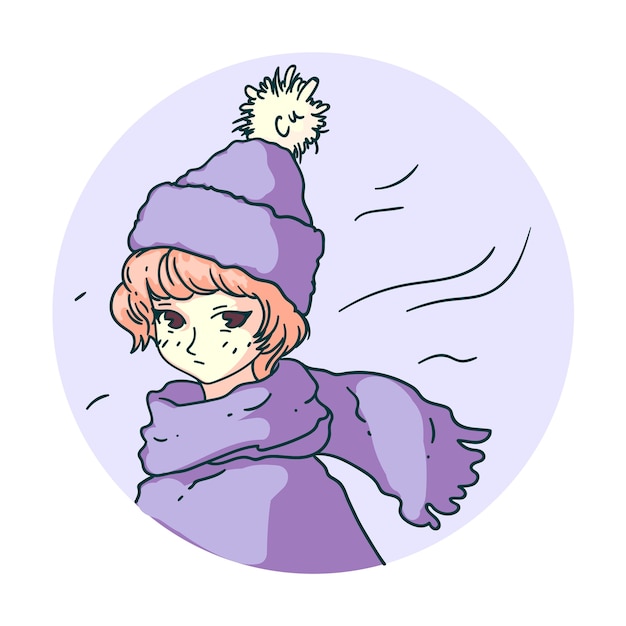 Chica de manga de invierno de anime triste aislada sobre fondo blanco
