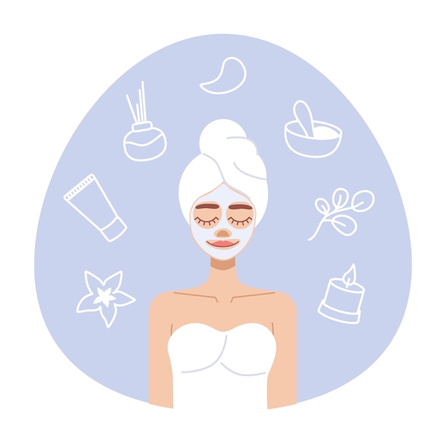 Chica con máscara facial y toalla en la cabeza. Ilustración plana cuidado personal y belleza.
