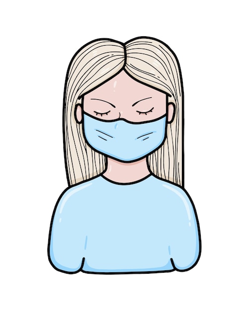 Vector chica con una máscara médica con cabello largo y ojos cerrados hombre protección contra virus doodle dibujos animados lineales para colorear