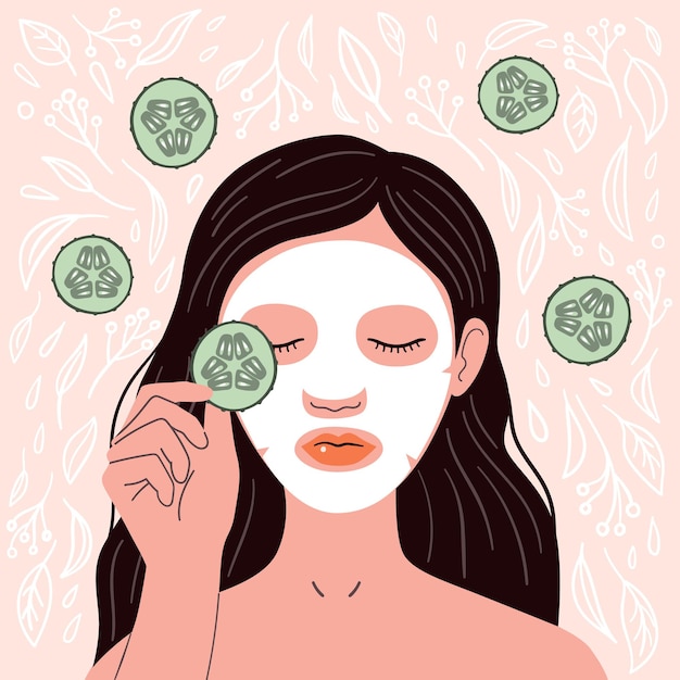 Vector chica con una mascarilla cosmética con pepino en los ojos