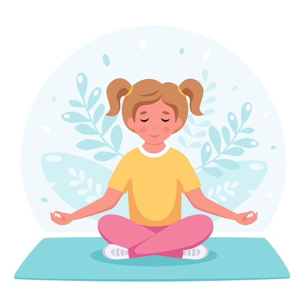 Chica meditando en posición de loto yoga y meditación para niños