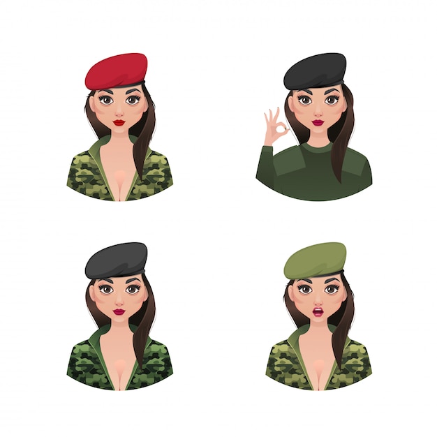 Vector chica militar en ropa de camuflaje y una boina