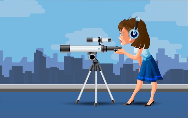 Chica mirando al telescopio Lindo personaje de mujer en teléfonos móviles Fondo urbano