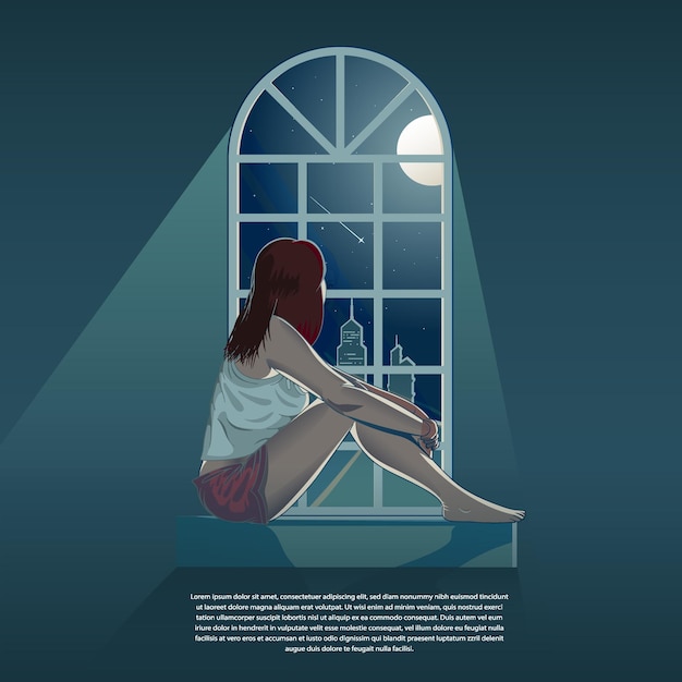 Vector chica mirando por la ventana por la noche