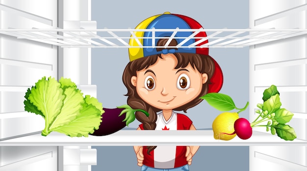 Chica mirando verduras en nevera