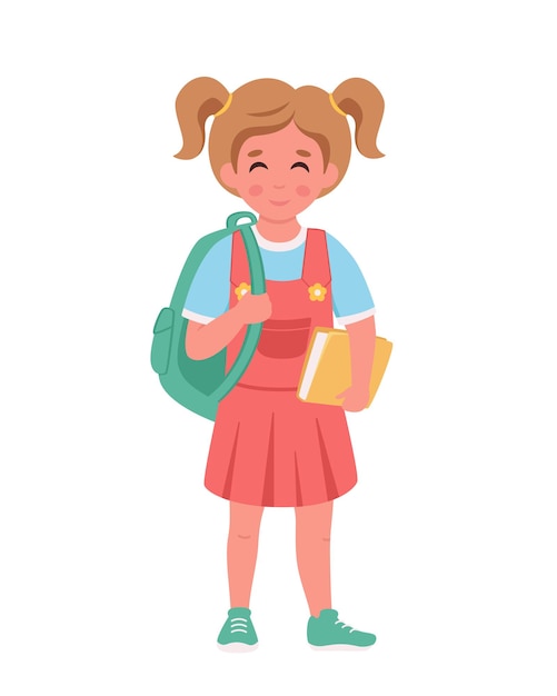 Vector chica con mochila y libros yendo a la escuela.