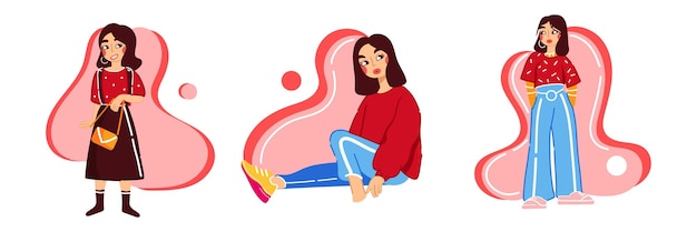 Chica de moda Conjunto rojo plano de chicas con estilo Ilustración vectorial