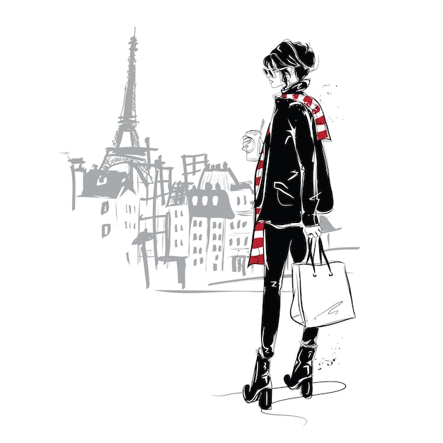 Chica de moda en estilo boceto en parís. ilustración.