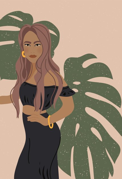 Vector chica de moda de ilustración vectorial en traje moderno con plantas tropicales. concepto de belleza y feminidad mental.