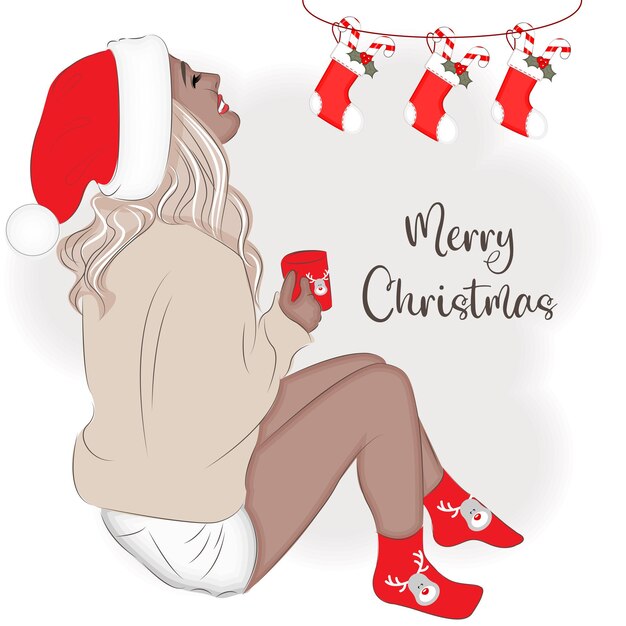Chica de moda en Nochebuena en una ilustración de vector de moda de sombrero de Santa
