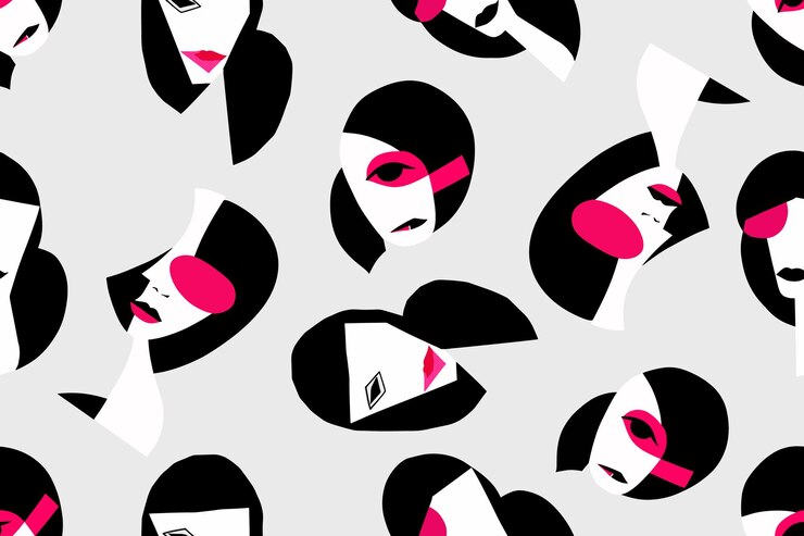 Vector chica de moda de patrones sin fisuras modelo mujeres cabeza fondo geométrico ilustración de vector dibujado a mano textura de glamour textura de retratos femeninos en estilo abstracto moderno