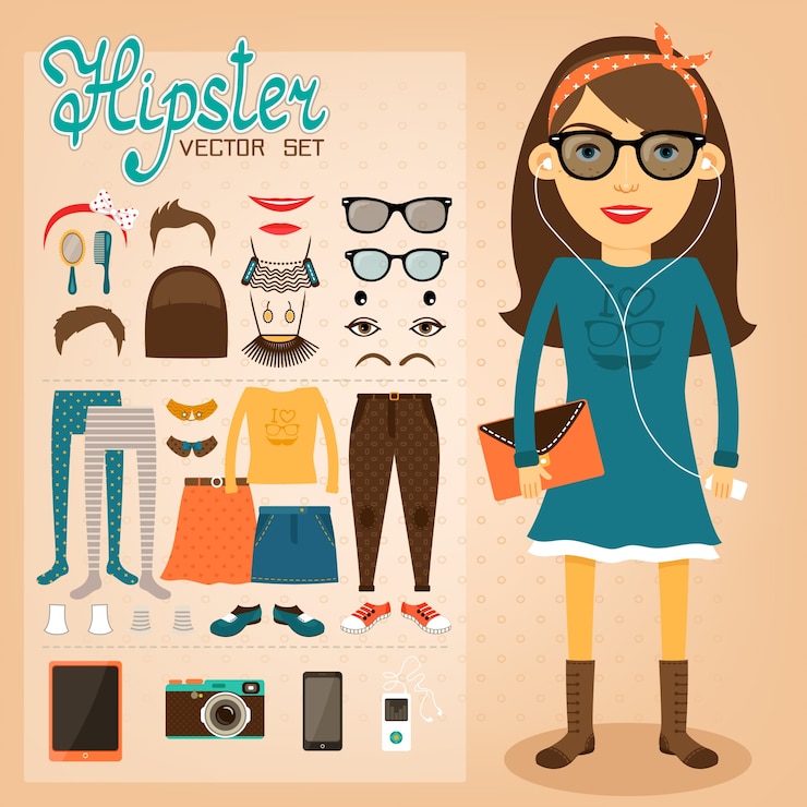 Vector chica a la moda con variedad de accesorios