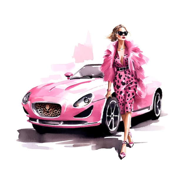chica de moda en vestido de impresión de leopardo y gafas de sol de pie al lado de las tendencias de la estación de arte de coches rosados