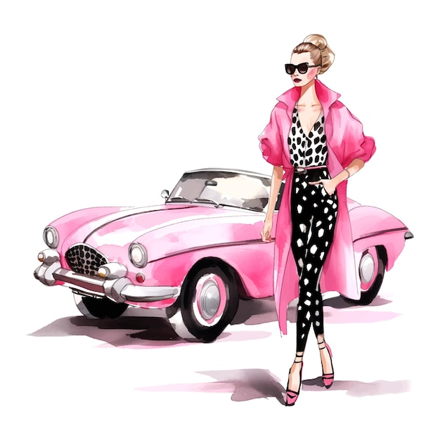 Vector chica de moda en vestido de impresión de leopardo y gafas de sol de pie al lado de las tendencias de la estación de arte de coches rosados