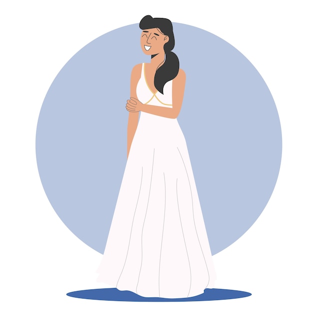 Chica modelo adorable en vestido de novia posando ilustración vectorial en estilo plano