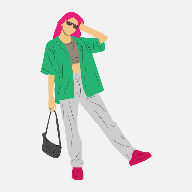 Chica modelo de moda de ropa de calle. ilustración de vector plano aislado sobre fondo blanco.