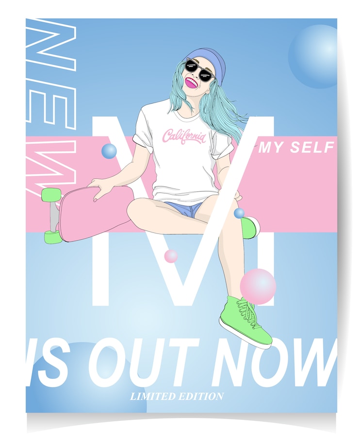 Vector la chica moderna con ilustración y texto de skate new ya está disponible en edición limitada