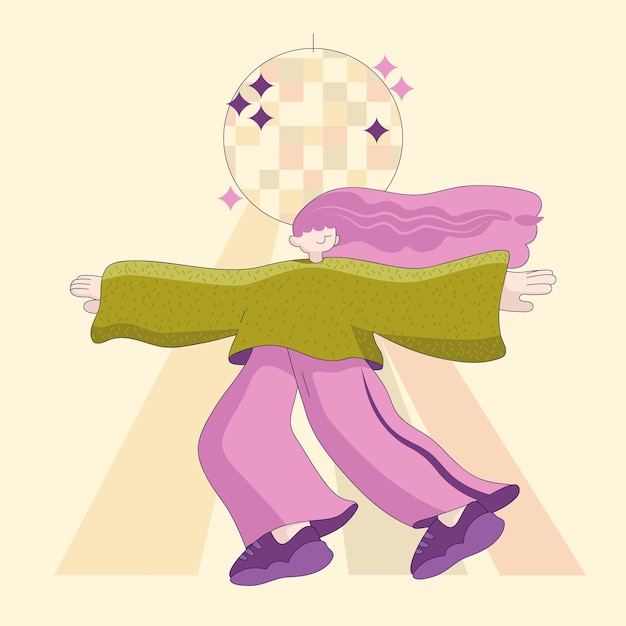 Chica moderna en la pista de baile imagen vectorial plana bailarina con bola de discoteca