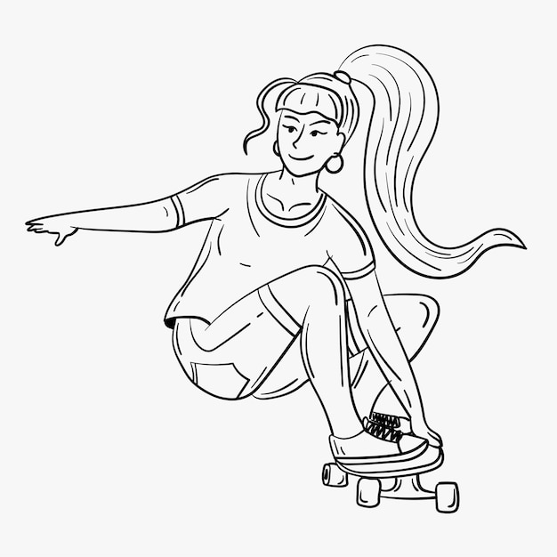 Chica monta un longboard en verano