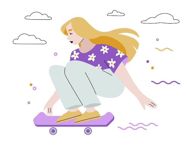 Chica monta en patineta. Ilustración vectorial dibujada a mano.