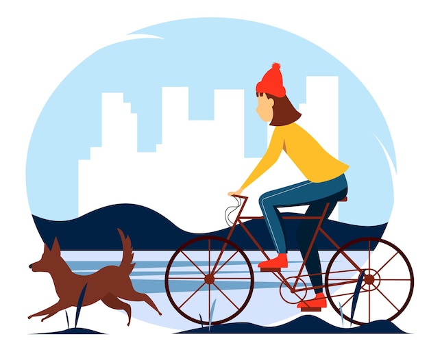 Chica montando una bicicleta en el parque con un perro Ilustración de vector de invierno en estilo plano