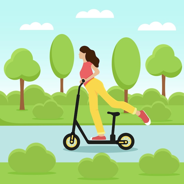 Chica montando un scooter eléctrico en un parque