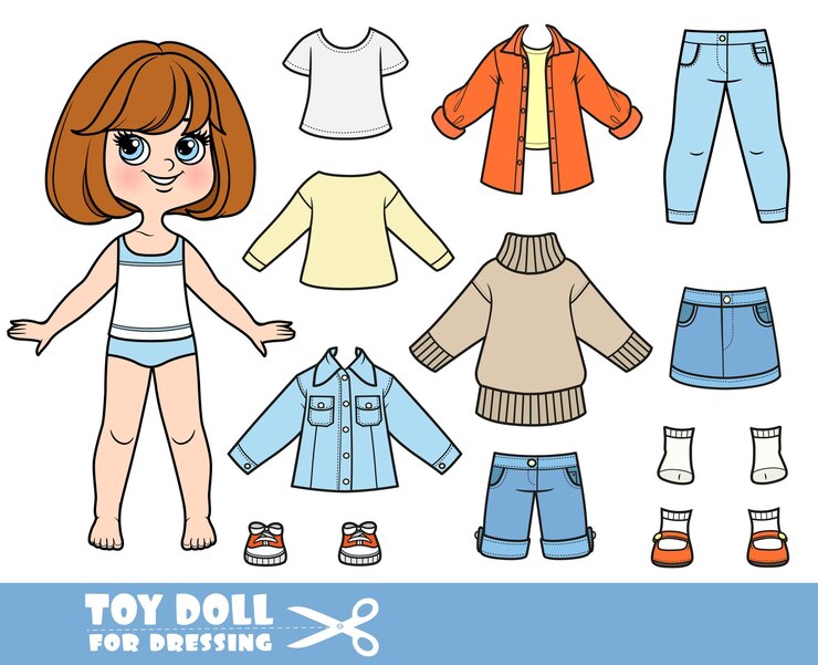Vector chica morena de dibujos animados con cabello corto y ropa por separado en colores de otoño camisas de manga larga sandalias pantalones cortos chaqueta falda vaqueros y zapatillas deportivas
