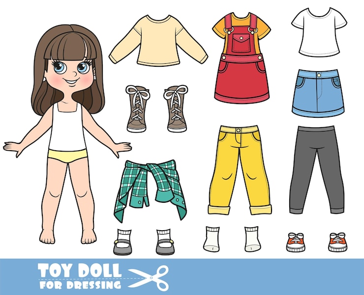 Vector chica morena de dibujos animados y ropa por separado falda blusa camisa de manga larga pantalones vaqueros y zapatillas de deporte muñeca para vestirse