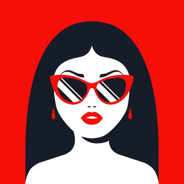Chica morena con gafas de sol y lápiz labial rojo. Ilustración de personaje plano