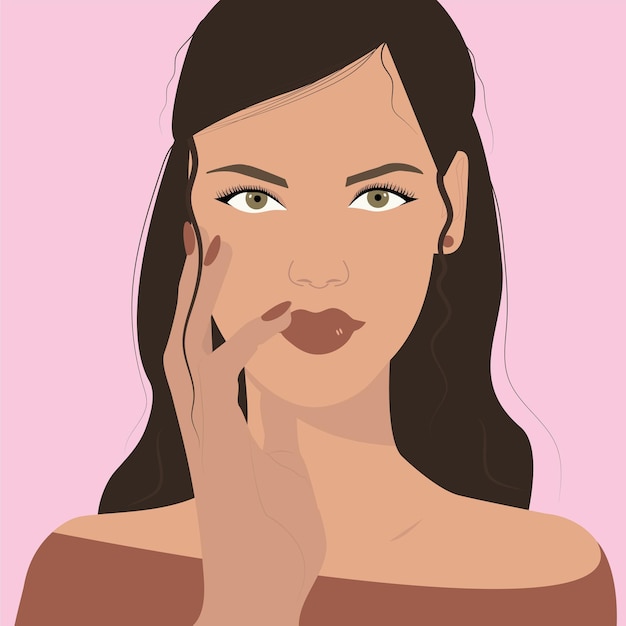 Vector chica morena con hermosos ojos y labios, se lleva la mano a la cara, estilo minimalista