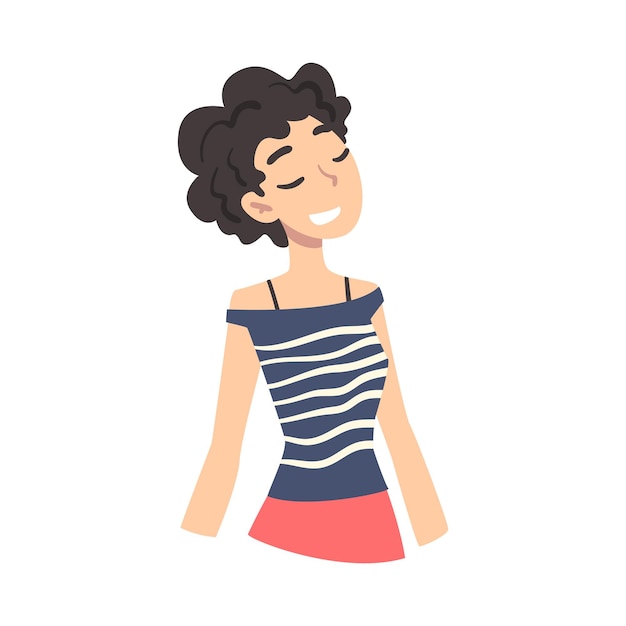 Chica morena pensando en una idea Persona femenina soñando con algo con expresión facial feliz Ilustración vectorial de estilo dibujos animados