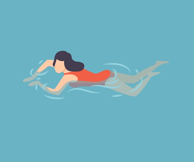 Chica morena en traje de baño rojo Nadando en el agua Mujer relajándose en el mar Océano o piscina Actividades al aire libre de verano Ilustración vectorial Estilo plano