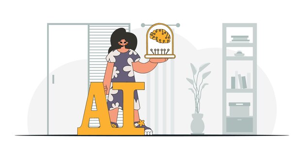 Chica mostrando un elegante cerebro creado por IA, ilustración en forma vectorial.
