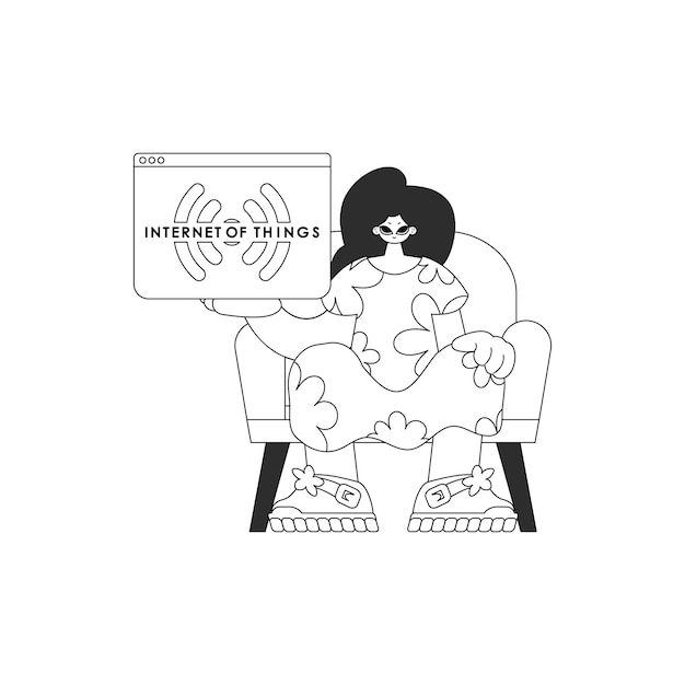 Chica mostrando un logotipo de IoT en diseño lineal vectorial