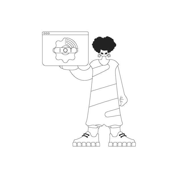 Chica mostrando el logotipo de IoT en estilo vectorial lineal