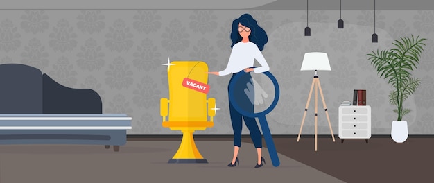 Chica se muestra en un lugar baldío. Copa de oro en forma de silla de oficina. El concepto de trabajo abierto. Adecuado para registro sobre el tema de búsqueda de empleo y trabajadores. Vector.