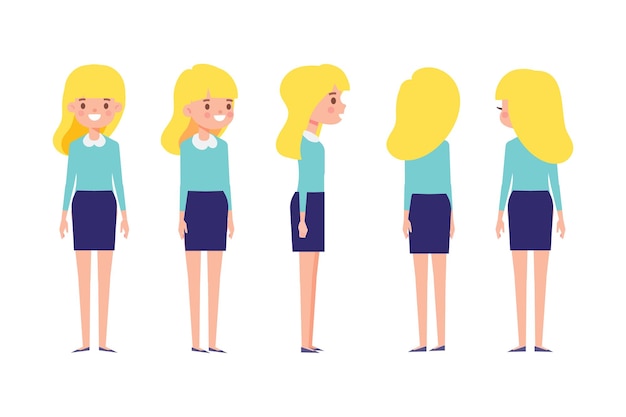 Chica Mujer parte delantera vista trasera carácter vectorial plano para animación Partes del cuerpo separadas