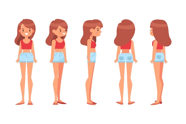 Chica Mujer parte delantera vista trasera carácter vectorial plano para animación Partes del cuerpo separadas