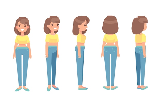 Chica Mujer parte delantera vista trasera carácter vectorial plano para animación Partes del cuerpo separadas