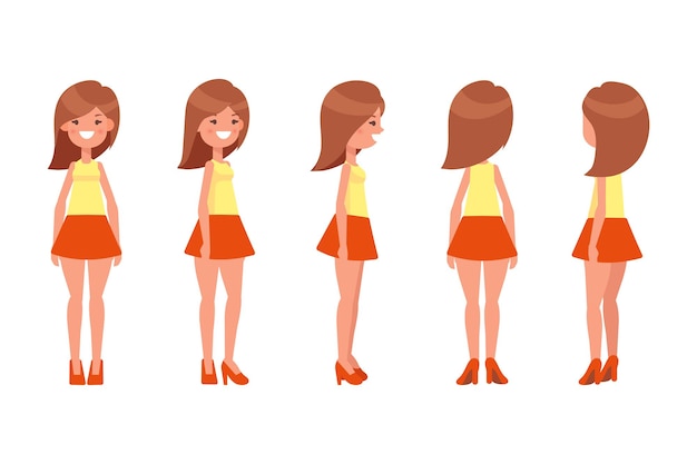 Chica Mujer parte delantera vista trasera carácter vectorial plano para animación Partes del cuerpo separadas