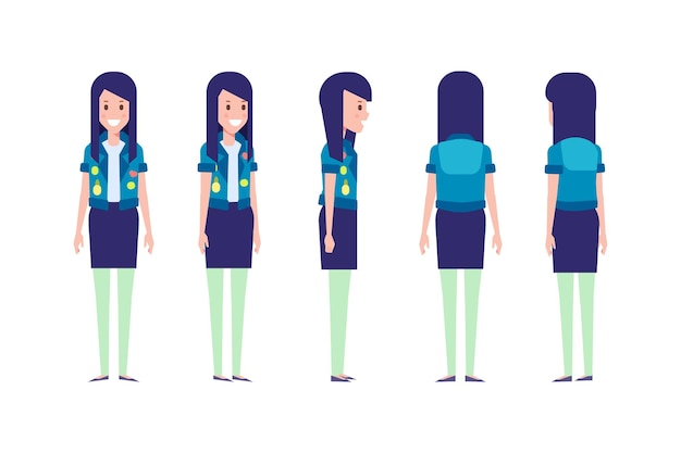 Chica Mujer parte delantera vista trasera carácter vectorial plano para animación Partes del cuerpo separadas