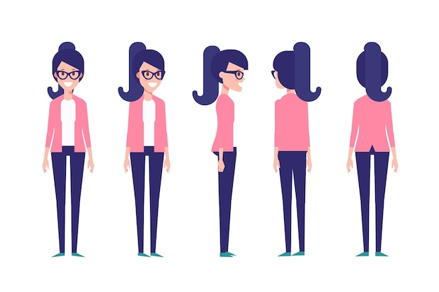 Chica Mujer parte delantera vista trasera carácter vectorial plano para animación Partes del cuerpo separadas